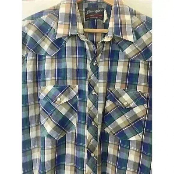 Wrangler WRancher Shirt Mens XL Plaid Pearl Snap Short Sleeve Flap Pockets Blue - Picture 2 of 13